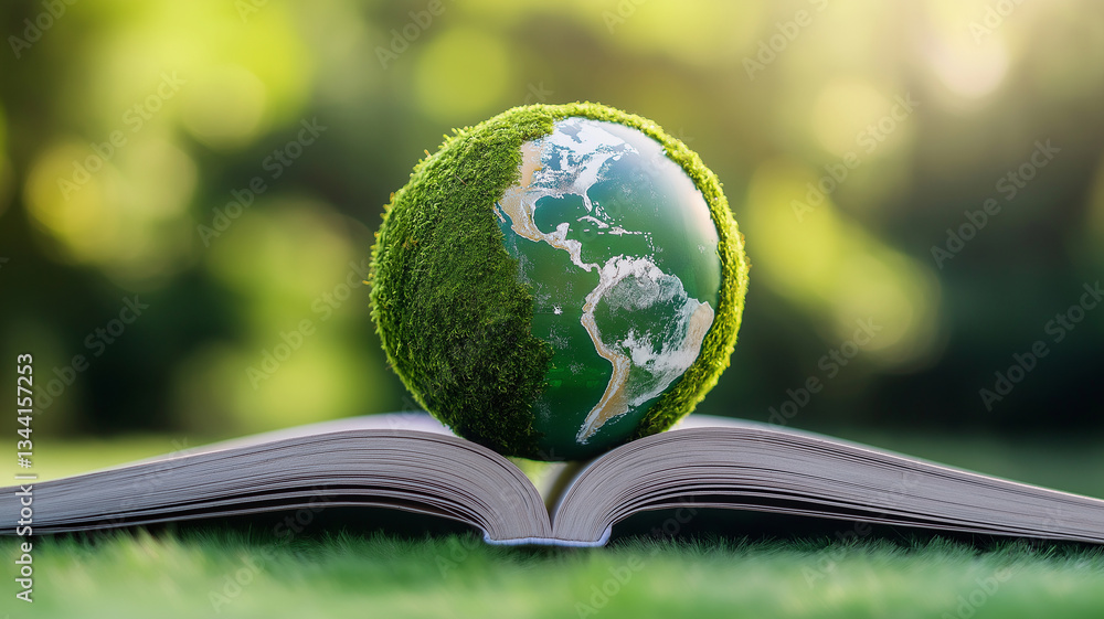 Poster globe covered in lush green moss rests on open book, symbolizing connection between nature and knowl