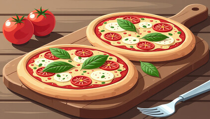 delicious homemade pizzas feature fresh ingredients wooden board served utensils clean vector style
