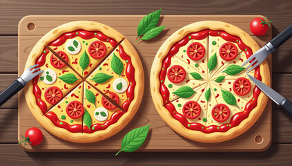 delicious homemade pizzas feature fresh ingredients wooden board served utensils clean vector style