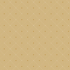Abstract geometric pattern with squares, crosses, stripes, lines. Seamless vector background. White and gold ornament. Modern reticulated graphic design.