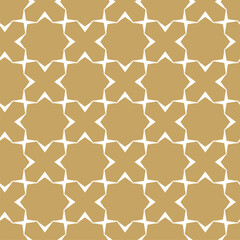 Abstract geometric pattern with squares, crosses, stripes, lines. Seamless vector background. White and gold ornament. Modern reticulated graphic design.