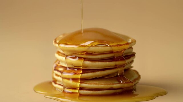 A stack of fluffy pancakes drizzled with golden syrup, against a warm beige background, creating a cozy and inviting atmosphere