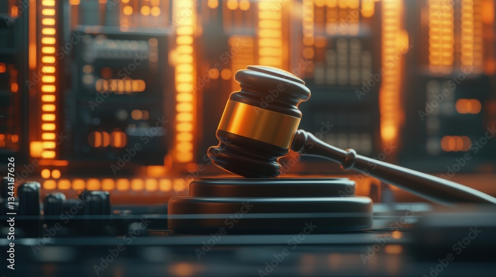 Poster judge's gavel on block in focus with blurred circuit board background creating a visual representati