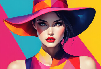Beautiful woman feeling glamorous in a colorful hat against a vibrant geometric background