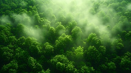 Obraz premium Misty green forest aerial view.