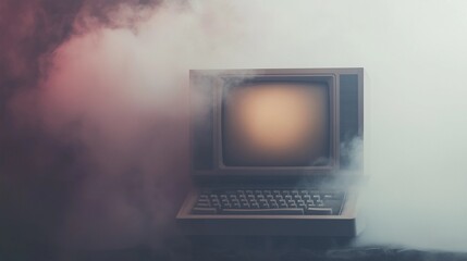 Dusty old computer symbolizes tech obsolescence in a foggy atmosphere highlighting nostalgia and decline