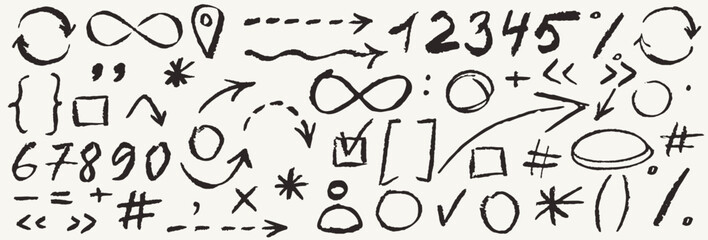 Chalk scribble doodle arrow, line elements set. Arrow, underline, handwritten mark check. Rough hand drawn marker sketch with brush grunge texture. Vector chalkboard illustration of pencil drawing.