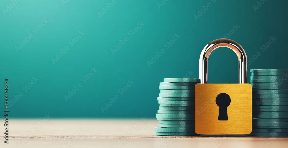 Fototapete A shiny gold padlock is placed among stacks of coins, symbolizing security in banking. The scene conveys a strong message about protecting financial privacy and ensuring safe transactions.