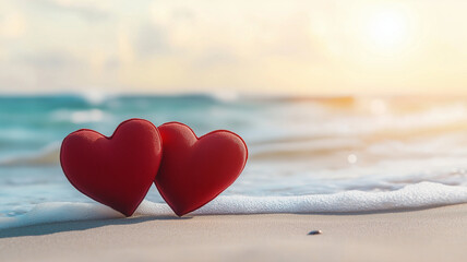 Fototapeta premium Two red hearts resting on sandy beach, illuminated by warm sunlight, create romantic and serene atmosphere. gentle waves lap at shore, enhancing peaceful scene