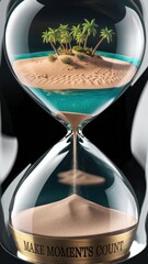 Hourglass with tropical island inside, sand flowing down and text MAKE MOMENTS COUNT on the base, symbolizing time and fleeting moments