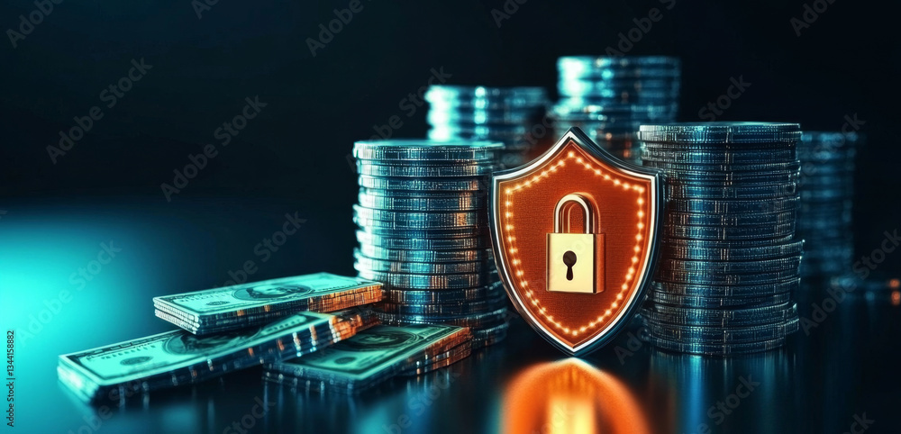 Poster a shield symbolizing security stands among stacks of coins and cash, highlighting the importance of 
