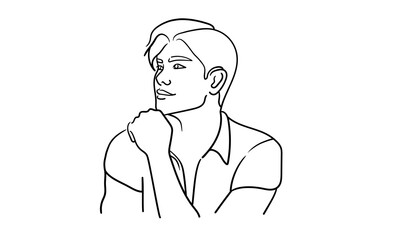 Obraz premium Man is a narcissist, admires himself on white background Line art drawing. Guy asian model. Vector illustration