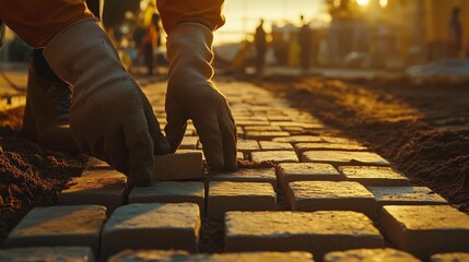 Hands in gloves meticulously laying stone tiles on sand during golden hour at a construction site