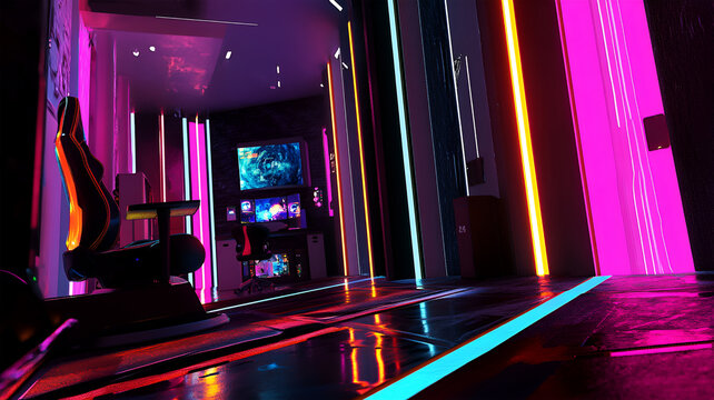Gamer sitting at RGB-lit desk with ultrawide monitor in neon-themed gaming room