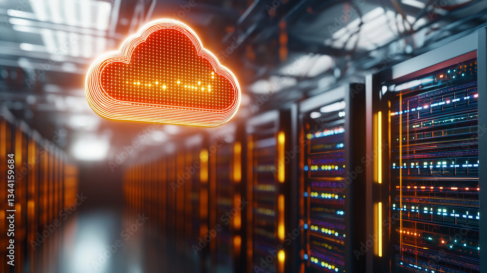 Poster glowing neon cloud icon illuminates modern data center filled with server racks, showcasing advanced