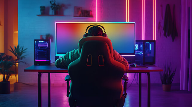Gamer sitting at RGB-lit desk with ultrawide monitor in neon-themed gaming room - Powered by Adobe