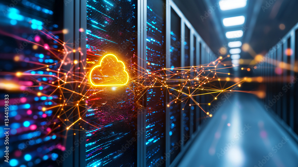 Poster vibrant digital representation of cloud storage technology, showcasing glowing cloud symbol amidst b