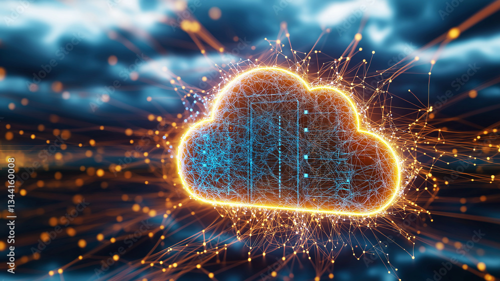 Poster vibrant and dynamic illustration of glowing cloud symbolizing digital storage, surrounded by interco