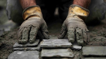 Hands in gloves carefully laying stone tiles on sand for a landscaping project in a residential outdoor area