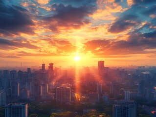 Fototapeta premium Vibrant sunrise over a sprawling cityscape.