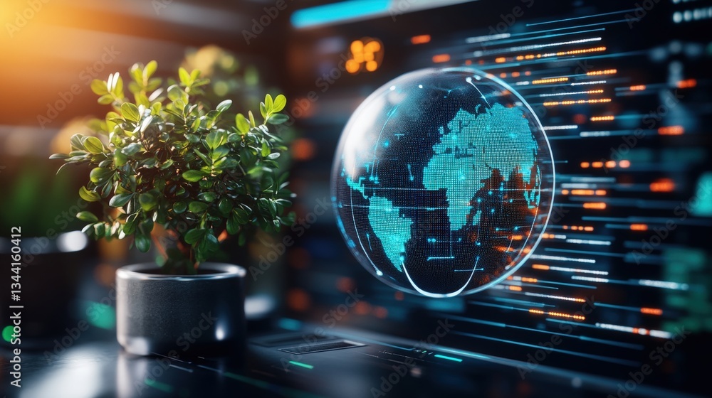 Poster small potted plant next to computer screen with holographic globe and data streams illustrating glob