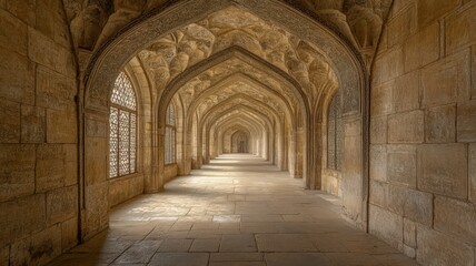 Ancient Stone Hallway with Sunlit Arches