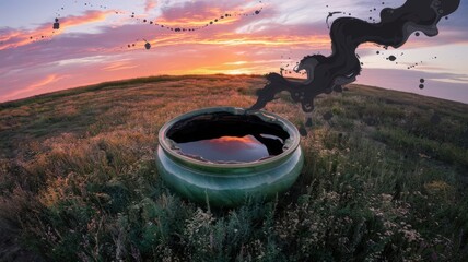 Surreal landscape with a large green pot filled with black liquid and ink-like splashes against a vibrant sunset sky over a grassy field