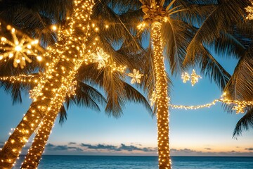 Tropical Christmas Festive Palm Trees with Warm Lights and Snowflakes on Beach at Sunset