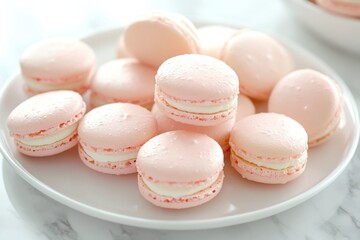 Macarons on white plate with monochromatic pastel tones and negative space on bottom