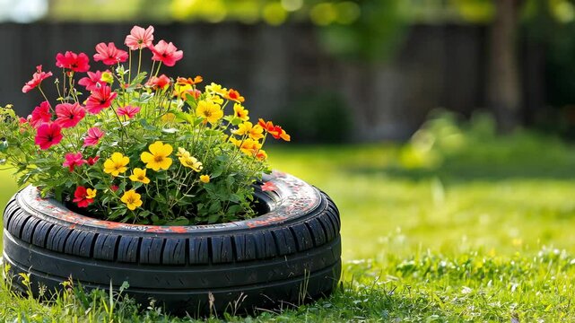 A recycled car tire repurposed as a planter with vibrant flowers growing in a backyard garden	