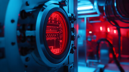 Close-up of glowing orange radar screen on futuristic scientific control panel