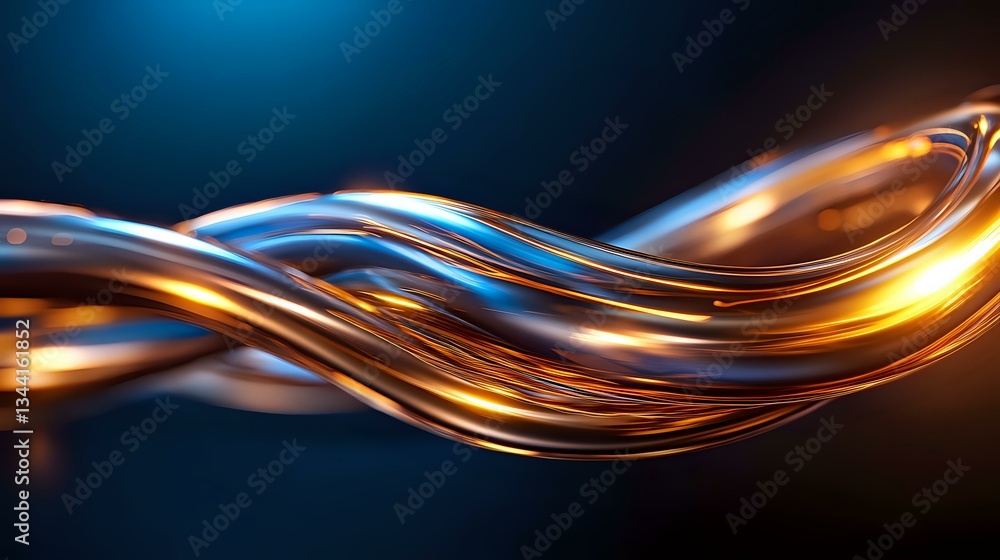 Poster abstract flowing curves in metallic copper and blue colors against dark background create dynamic wa