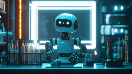 Fototapeta premium Cute humanoid robot working in futuristic science laboratory with test tubes and glowing lights