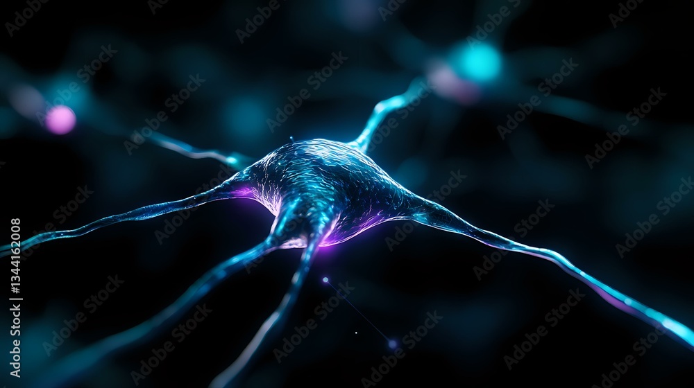 Aufkleber glowing neuron cell in dark background with blue and purple bioluminescent synaptic connections show