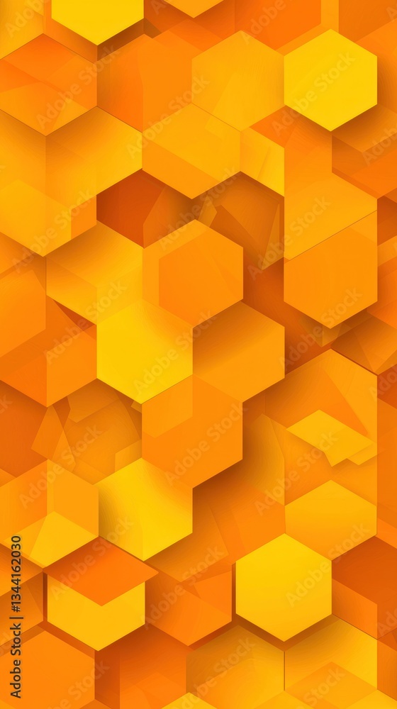 Poster Abstract Orange Hexagon Pattern: A vibrant and dynamic design featuring an array of overlapping hexagons in varying shades of orange, creating a visually captivating and modern aesthetic.