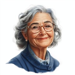 Obraz premium A cheerful elderly woman with gray hair and glasses wearing a blue cardigan, exuding warmth and wisdom.
