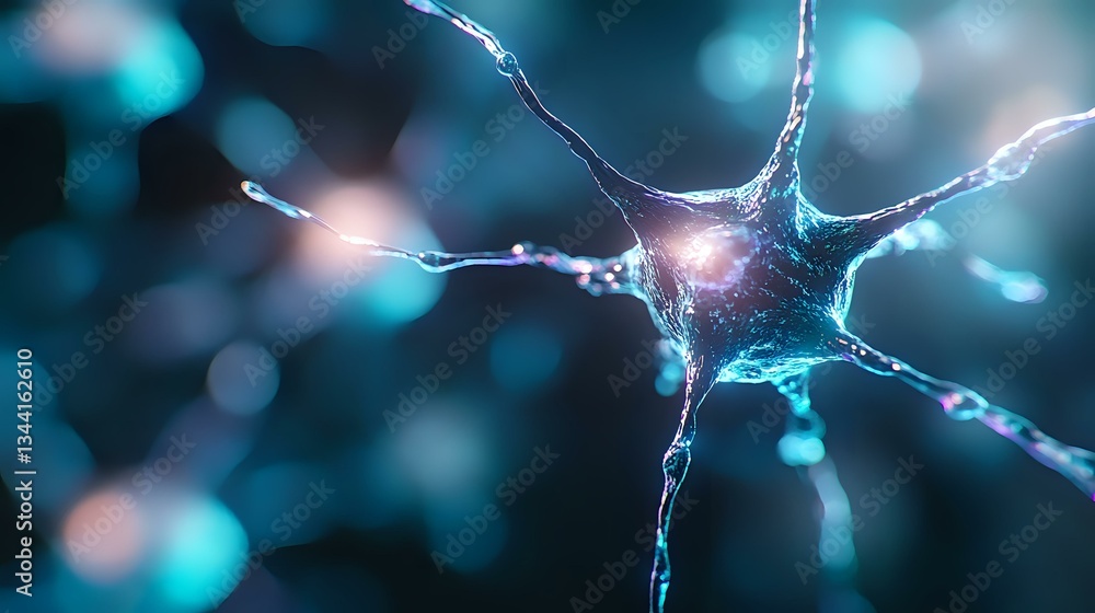 Poster glowing neuron cell with synaptic connections on dark background with bokeh effect. scientific visua