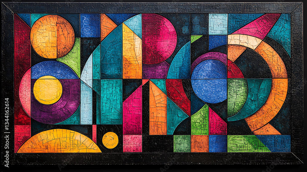 Poster bold colorful geometric composition featuring vibrant shapes and textures, creating striking visual 