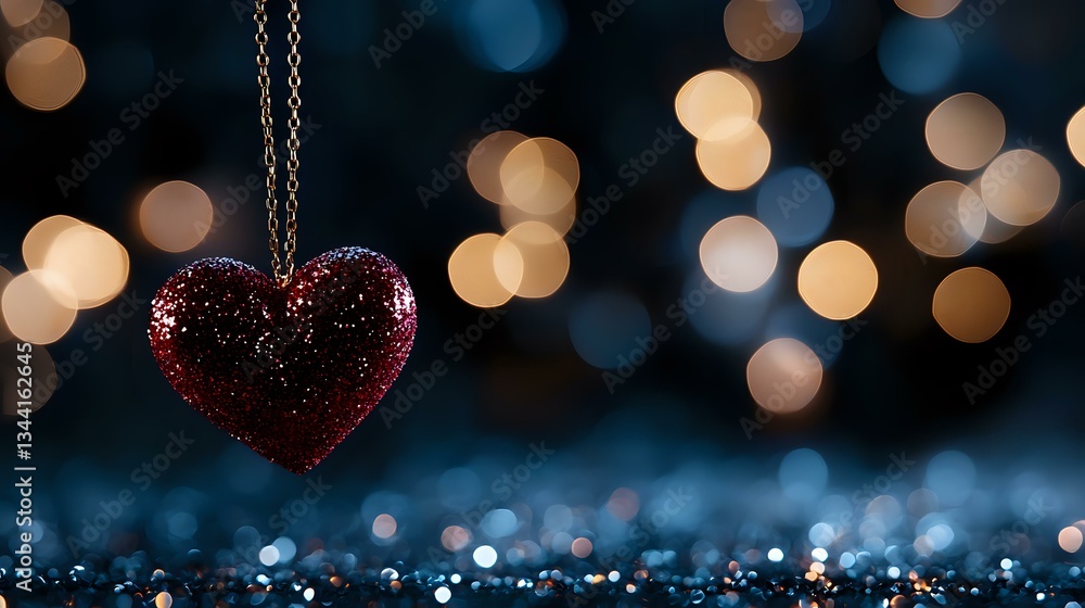 Poster glittering red heart pendant against dark background with golden bokeh lights creating romantic atmo