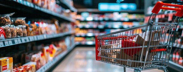 Grocery shopping expedition with a fully loaded cart in supermarket aisle