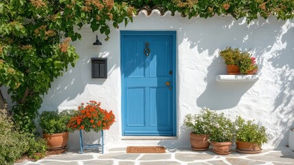 Fototapeta premium Bright Blue Door and Mediterranean Greenery on Whitewashed Building