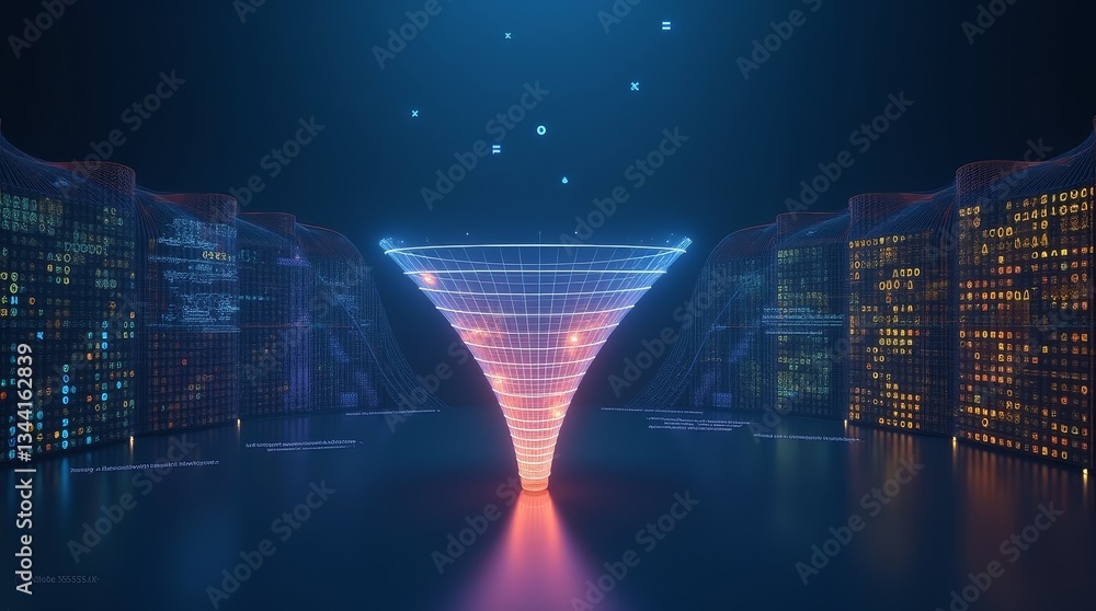 Poster digital data funnel: a vibrant digital representation of data processing and transformation, a funne