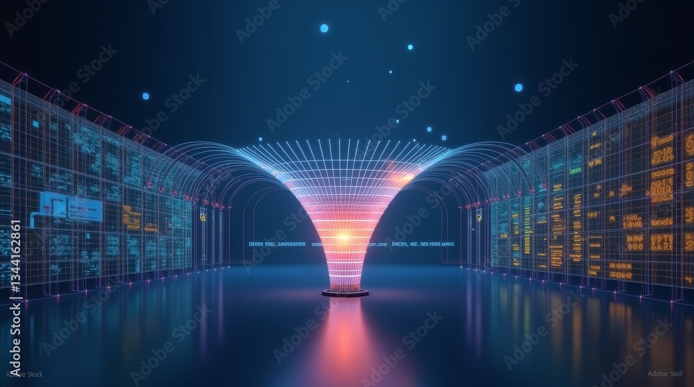 Poster digital gateway: futuristic data center with a digital vortex transporting information, showcasing t