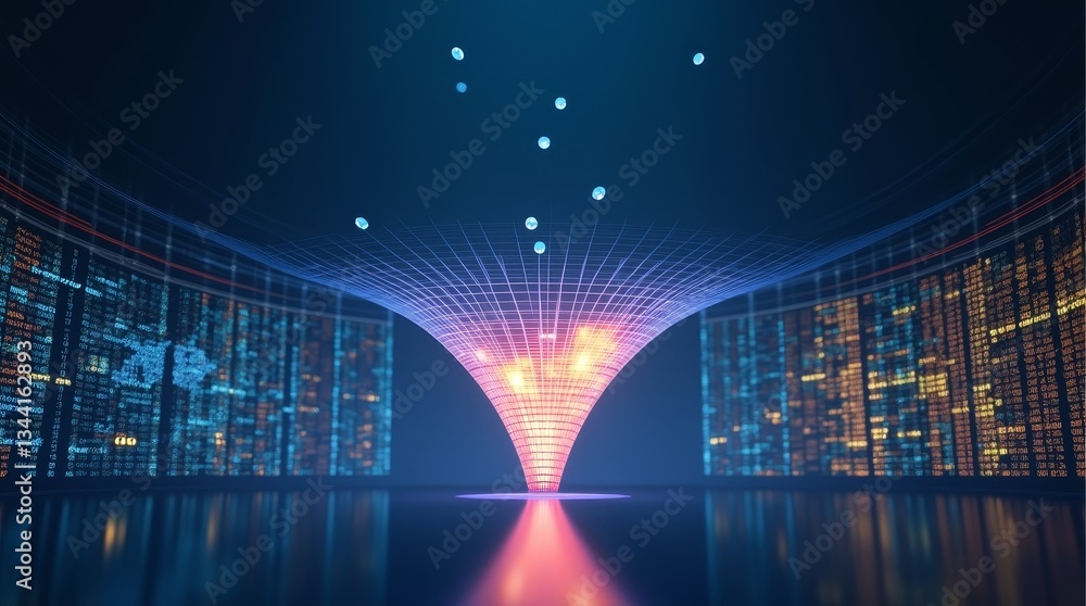 Poster data center visualization: futuristic depiction of a data center, with vibrant lines of data illumin