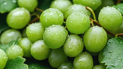 Fresh green grapes with water droplets