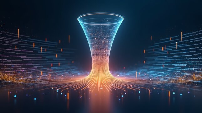 Digital Funnel: A mesmerizing digital funnel, aglow with radiant light, stands as a beacon of data processing and transformation.
