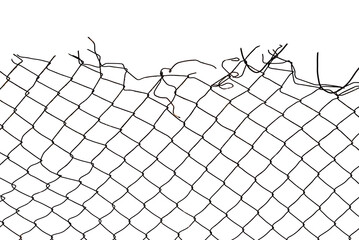 The texture of the metal mesh on a white background. Torn steel, metal mesh with holes