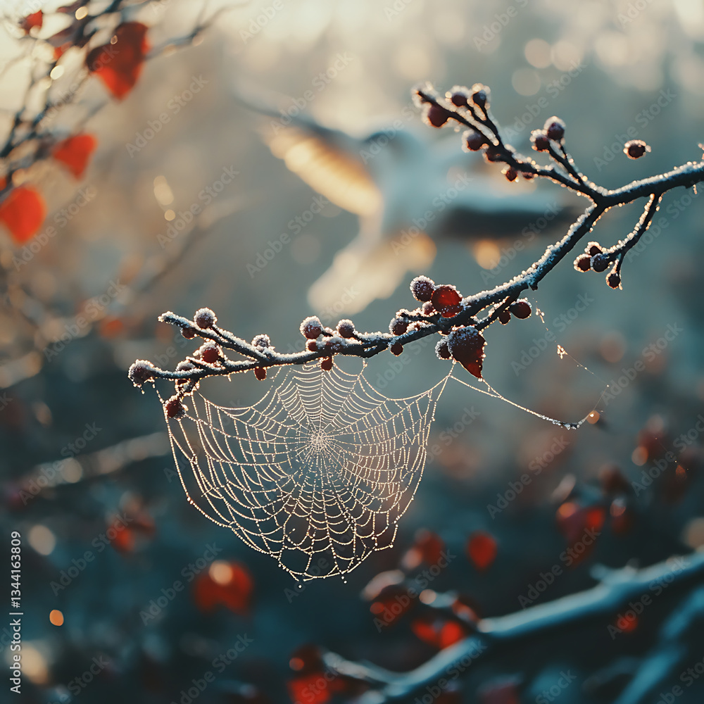 Poster delicate spider web glistening with frost on branch, surrounded by red berries and soft morning ligh
