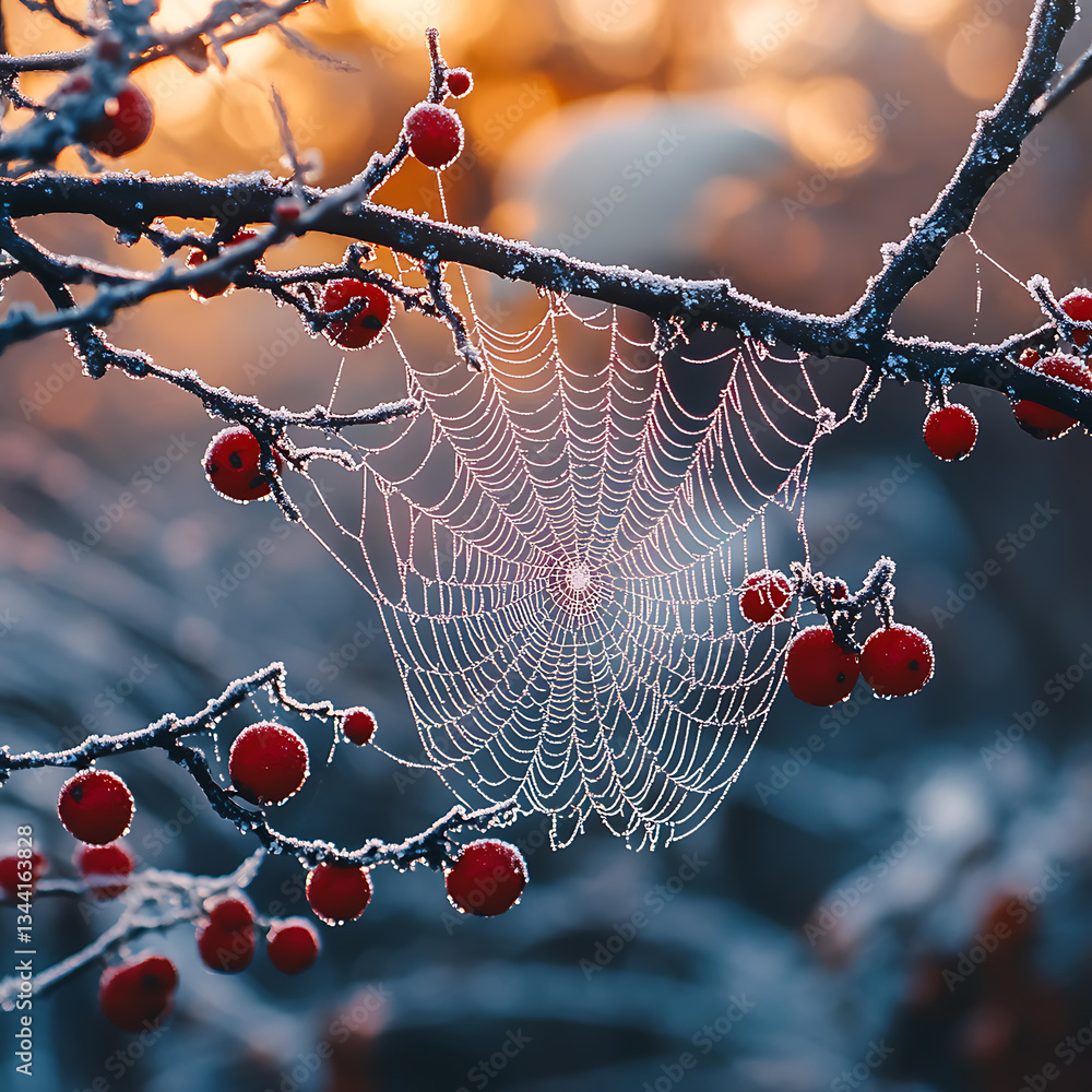 Poster delicate spider web adorned with frost, hanging between branches with red berries, creating serene w