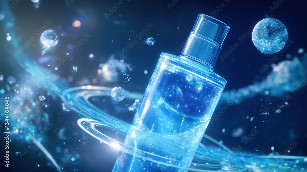 Poster cosmic elixir: a digital rendering of rejuvenating fluid bottle concept